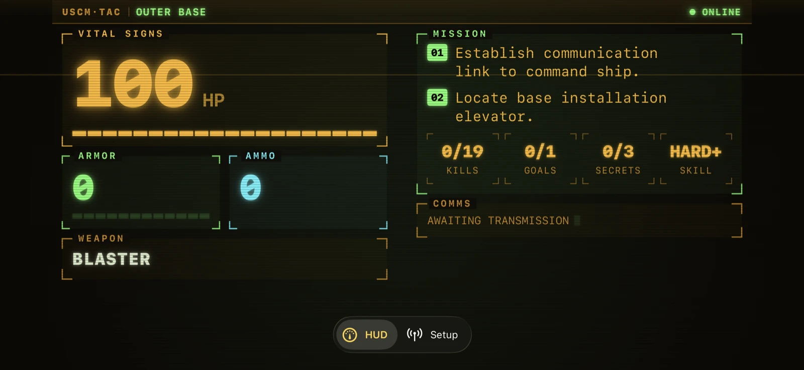 The same iPhone tactical computer in landscape, laid out in two columns: vitals and weapon on the left, mission and comms on the right