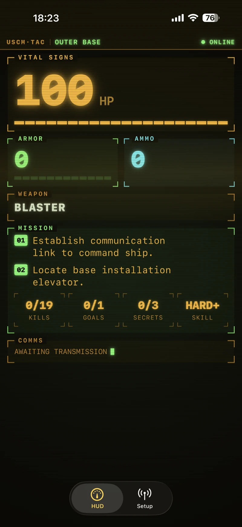 iPhone tactical computer in portrait: USCM-TAC OUTER BASE header, 100 HP, ARMOR and AMMO gauges, WEAPON BLASTER, two mission objectives, KILLS/GOALS/SECRETS/SKILL counters and a COMMS ticker