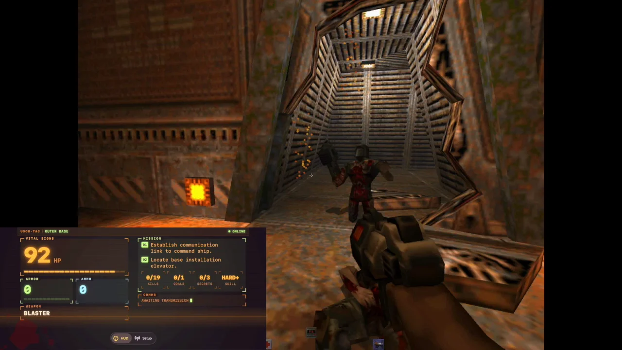 Quake II with the iPhone HUD in landscape reading 92 HP, laid out as a wider panel