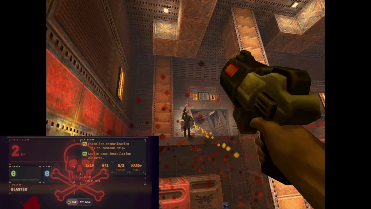 The iPhone HUD in landscape at 2 HP with the cracked-glass red skull starting to take over, hyperblaster fire on screen
