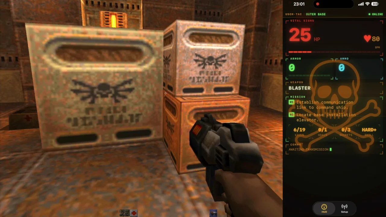 The iPhone HUD in portrait reading 25 HP in red with the health gauge nearly empty during a firefight