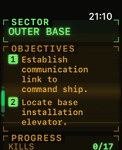 Apple Watch tactical computer Status screen: SECTOR OUTER BASE, two numbered objectives to establish a comms link and locate the elevator, and a PROGRESS section with a KILLS counter