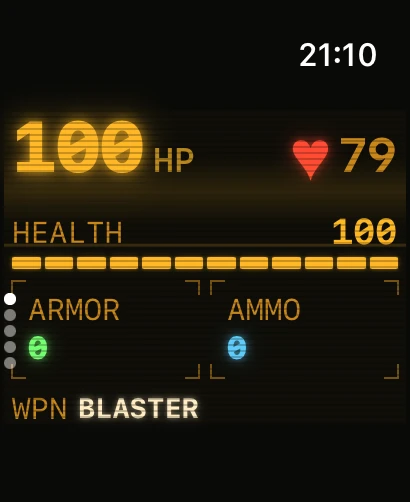 Apple Watch tactical computer Vitals screen: 100 HP in large amber numerals, a heart icon reading 79, a HEALTH gauge at 100, ARMOR and AMMO gauges, and WPN BLASTER