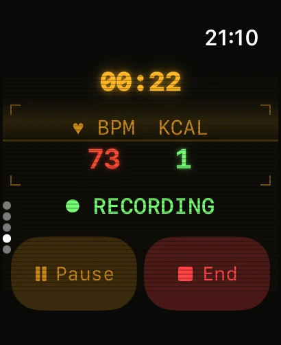 Apple Watch tactical computer Workout screen: a 00:22 timer, BPM 73 and KCAL 1 readouts, a green RECORDING status, and Pause and End buttons