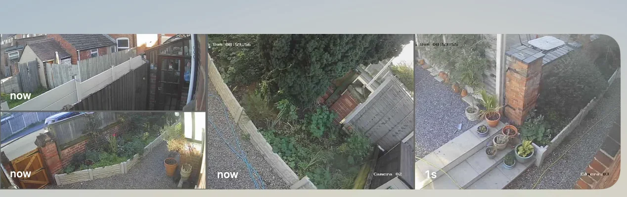The Cameras row in the Home app on a Mac, showing four live views of a back garden and a side passage