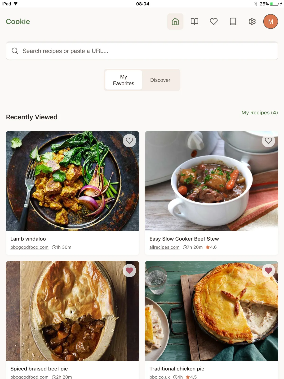 Cookie on the old iPad with search, favourites and recently viewed recipes