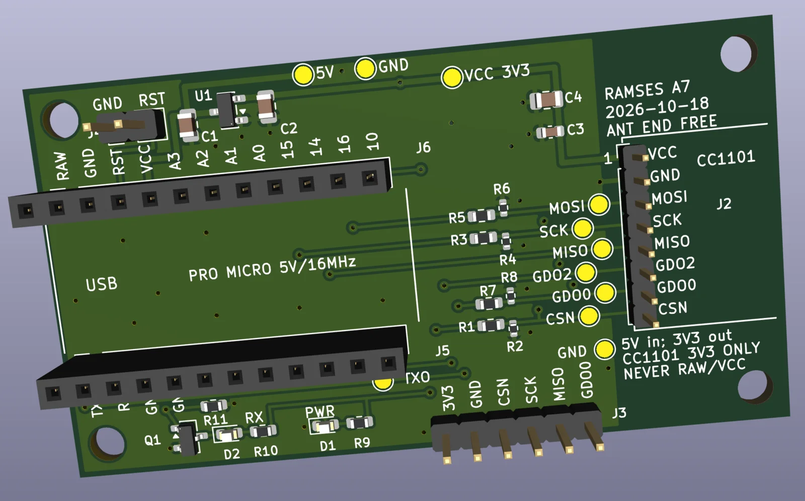 The carrier board in KiCad's 3D view, with two sockets for the Pro Micro, a header for the radio module, a regulator, two LEDs and yellow test pads
