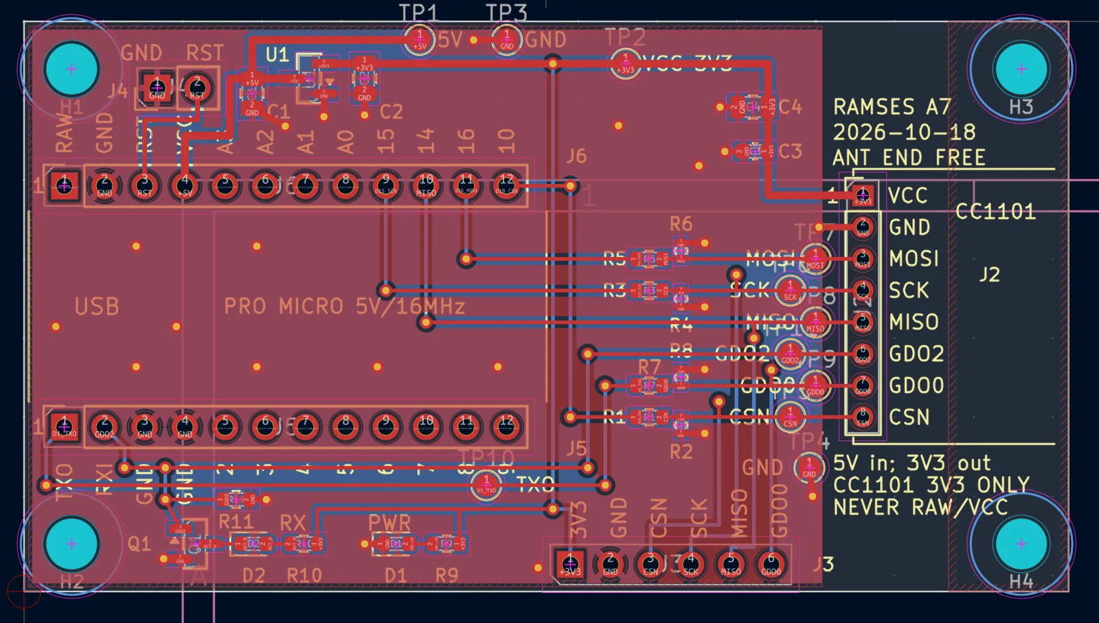 The board layout in KiCad, with red top-layer and blue bottom-layer copper, test pads and silkscreen labels