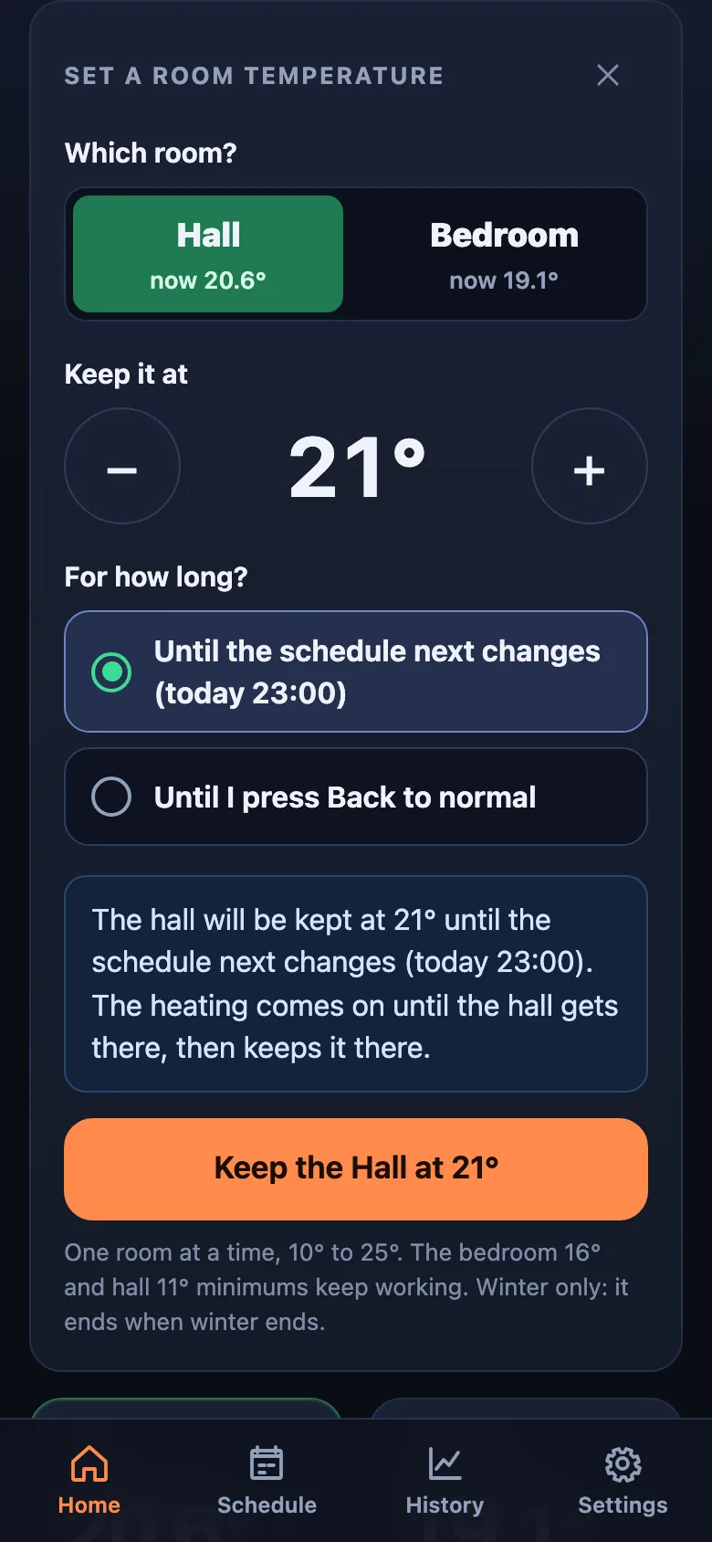 The room temperature control on a phone with Hall and Bedroom choices and a plus and minus stepper