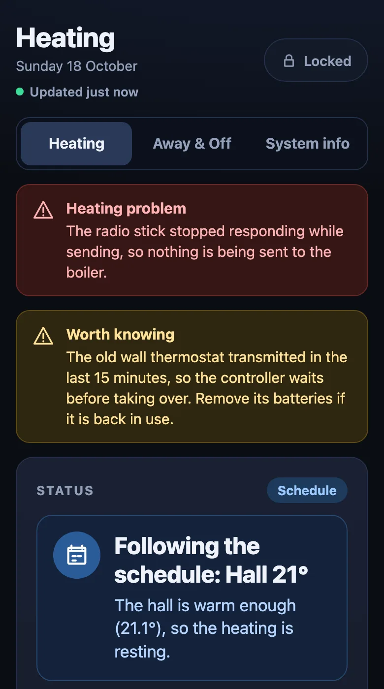 The Home page with a plain-English radio stick problem banner