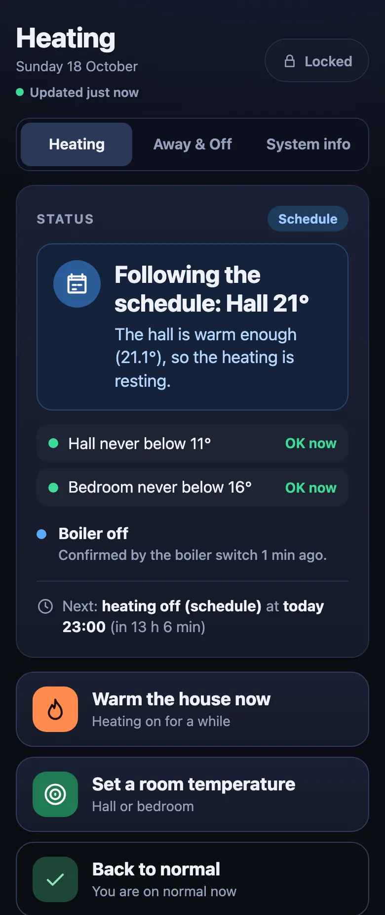 The Home page on a phone with a status card, three big buttons and Hall and Bedroom cards