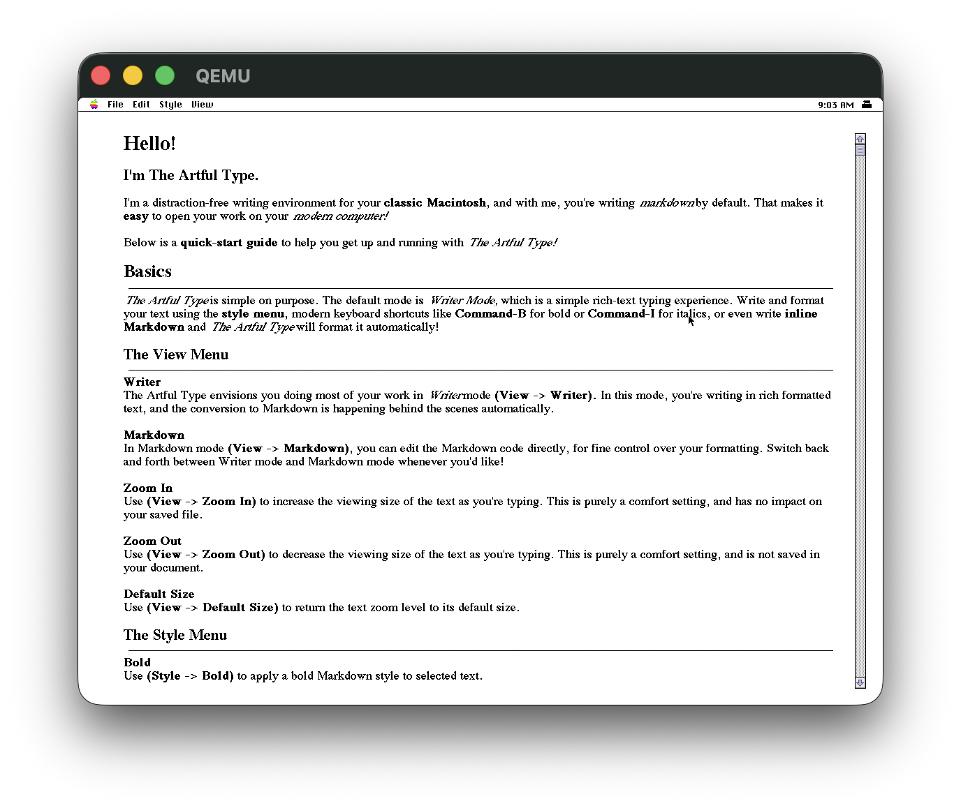 ArtfulType filling the screen on System 7.6.1 under QEMU, showing the quick-start document