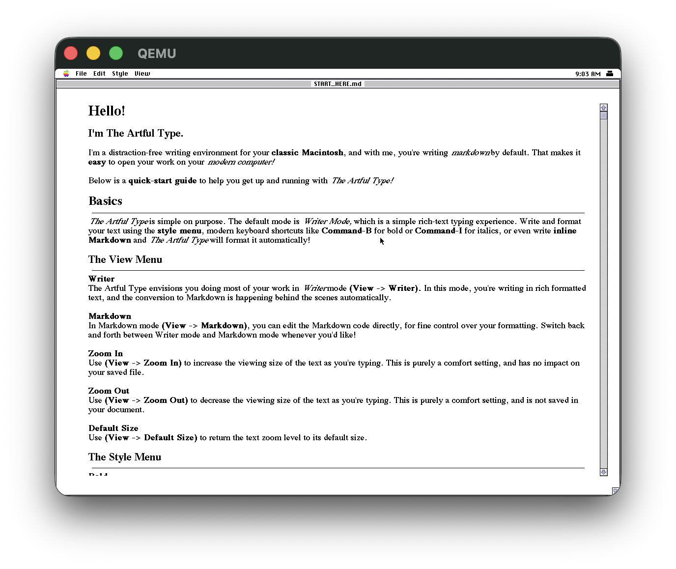 ArtfulType in windowed mode on System 7.6.1 under QEMU, with START_HERE.md in the title bar