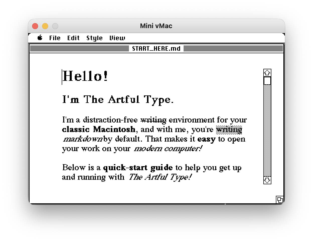 ArtfulType in windowed mode under Mini vMac, with a title bar showing START_HERE.md, a close box, scroll bar and grow box