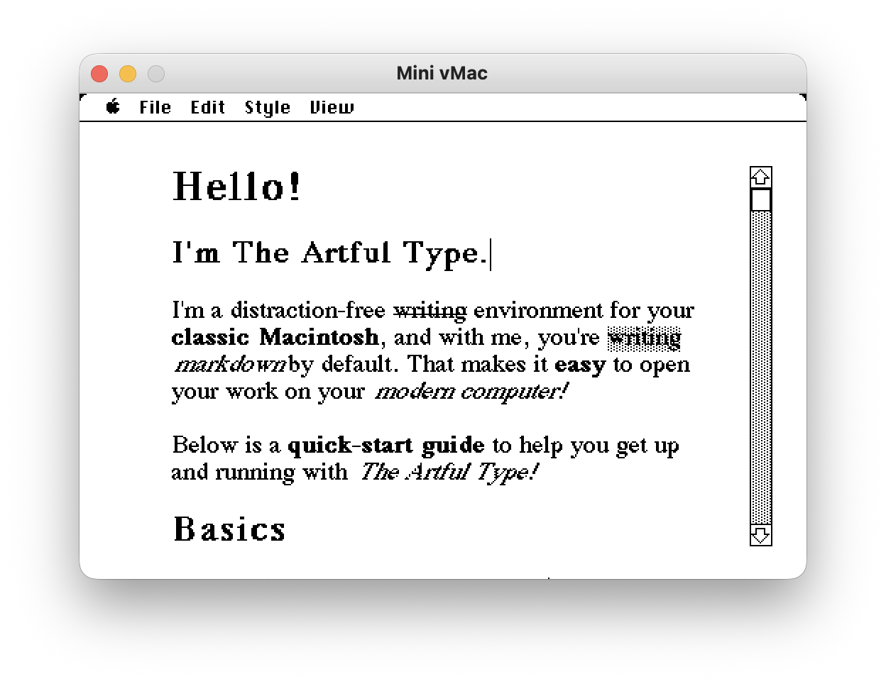 ArtfulType in Writer mode under Mini vMac, with a struck-through word and a highlighted word