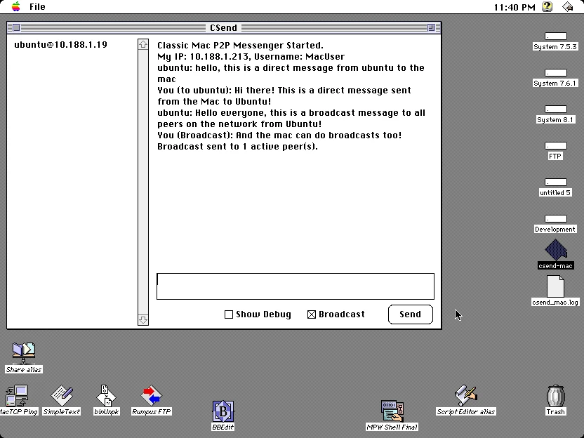CSend running on Classic Mac OS System 7