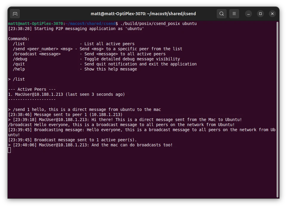 CSend running on Ubuntu Linux