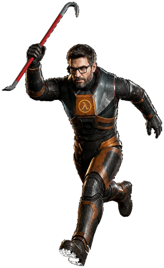 A cut-out render of Gordon Freeman running with a crowbar, the artwork used in the mod installer's About box