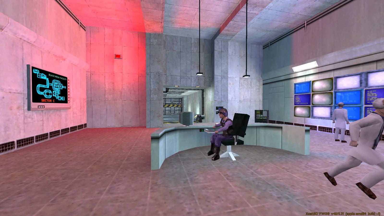 A Sector C security desk under red alert lighting, with a guard seated and a scientist running past