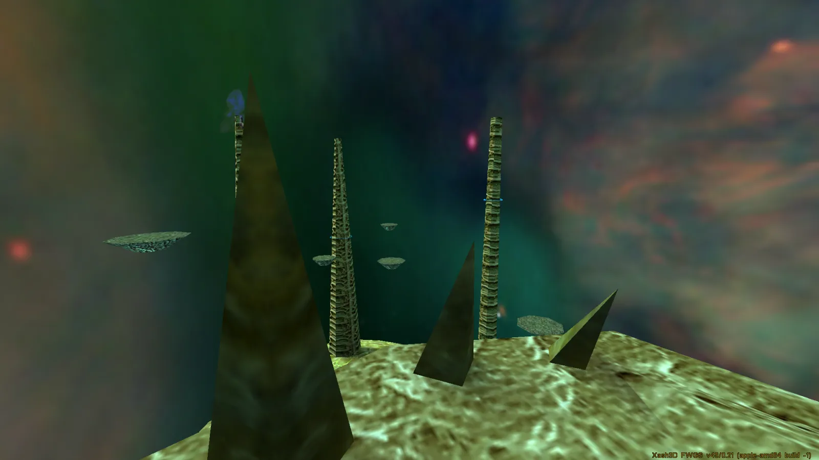 A wide view across Xen with floating platforms and spires receding into a coloured sky