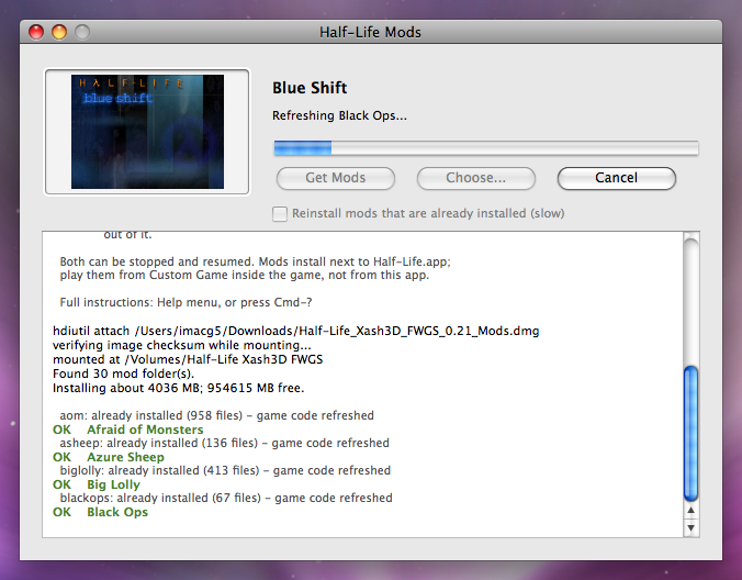 The Half-Life Mods window showing the Blue Shift banner and a log of installed mods, each marked OK