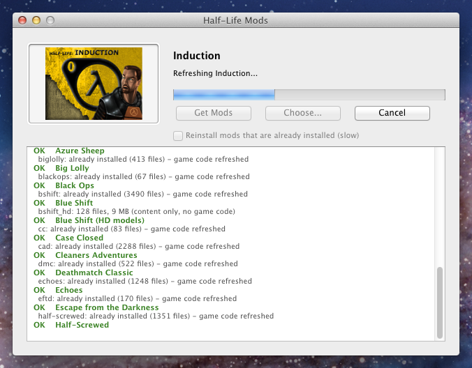 The same Half-Life Mods window on Mac OS X 10.7.5 Lion, showing the Induction banner and a longer log of installed mods