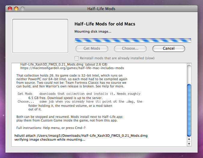 The Half-Life Mods window verifying a disk image checksum while mounting it, with a barber-pole progress bar