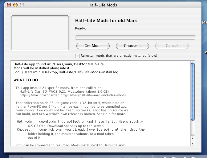 The Half-Life Mods window on Mac OS X 10.3.9 Panther, showing the Get Mods and Choose buttons and a log explaining what the app does