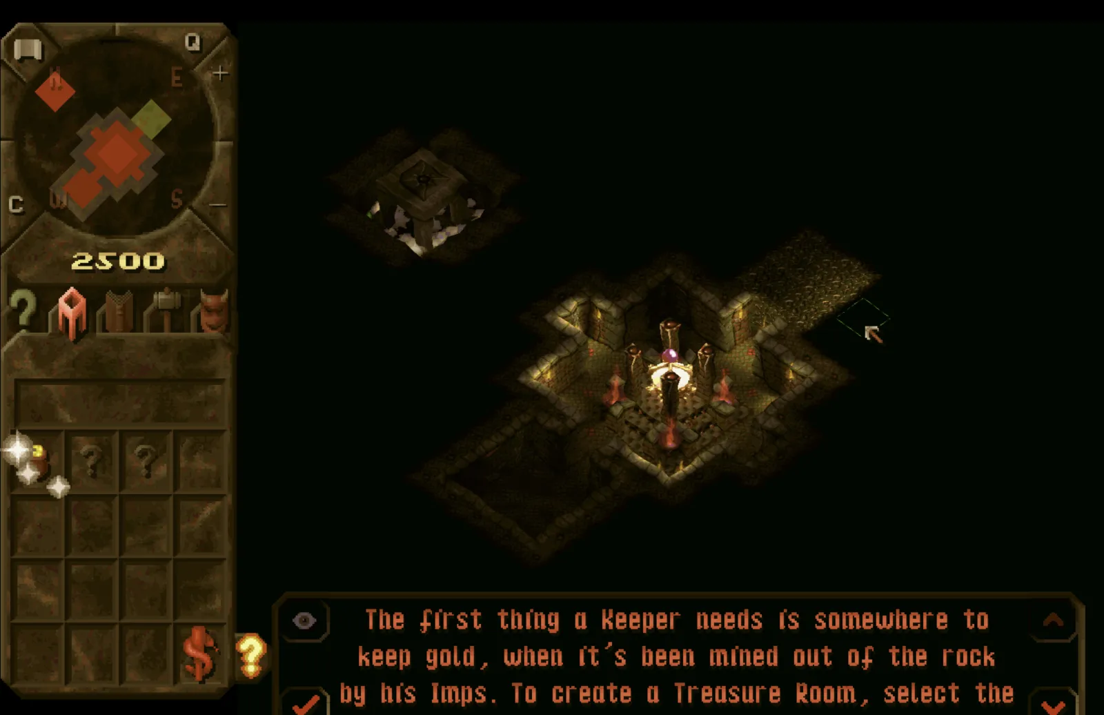 An isometric view of a small dungeon with the dungeon heart chamber lit up, imps working nearby