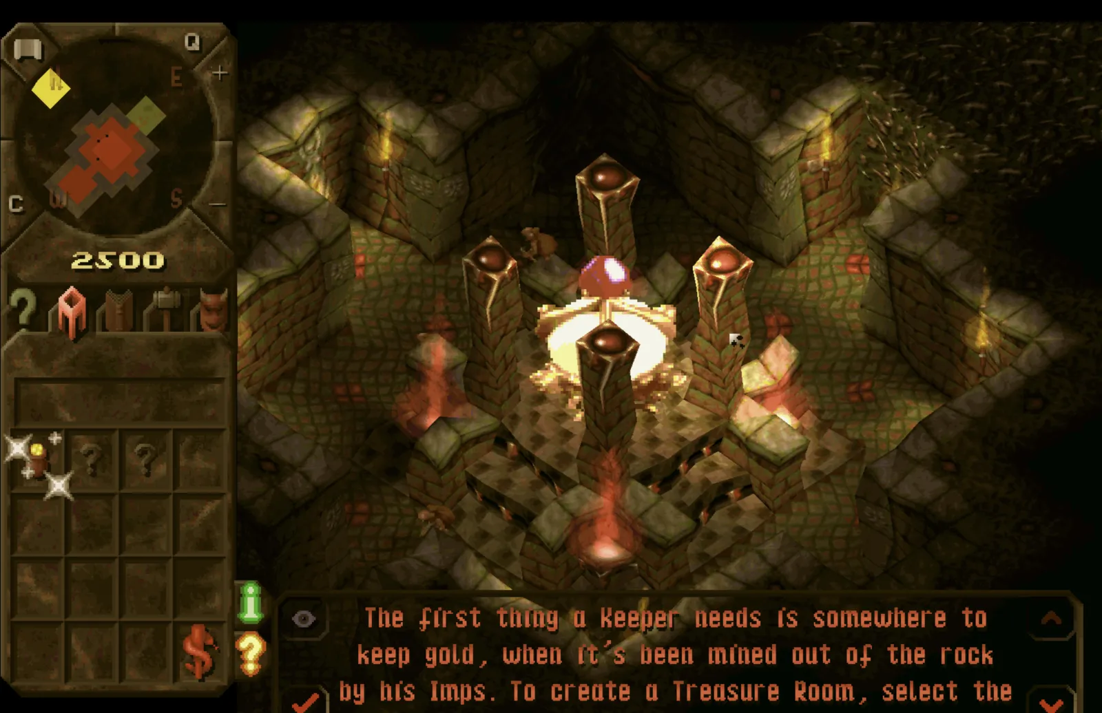 The Dungeon Keeper dungeon heart surrounded by its pillars, with the tutorial text below