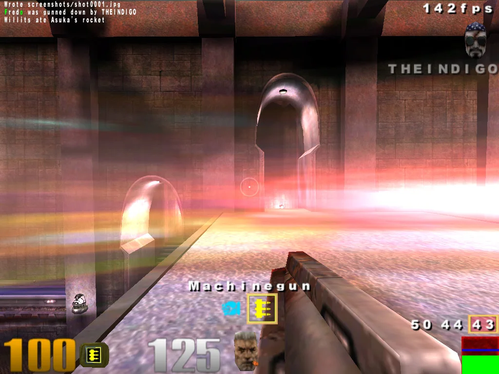 Quake III on mini-intel — a fast strafe past two teleporters with motion blur, at 142 fps