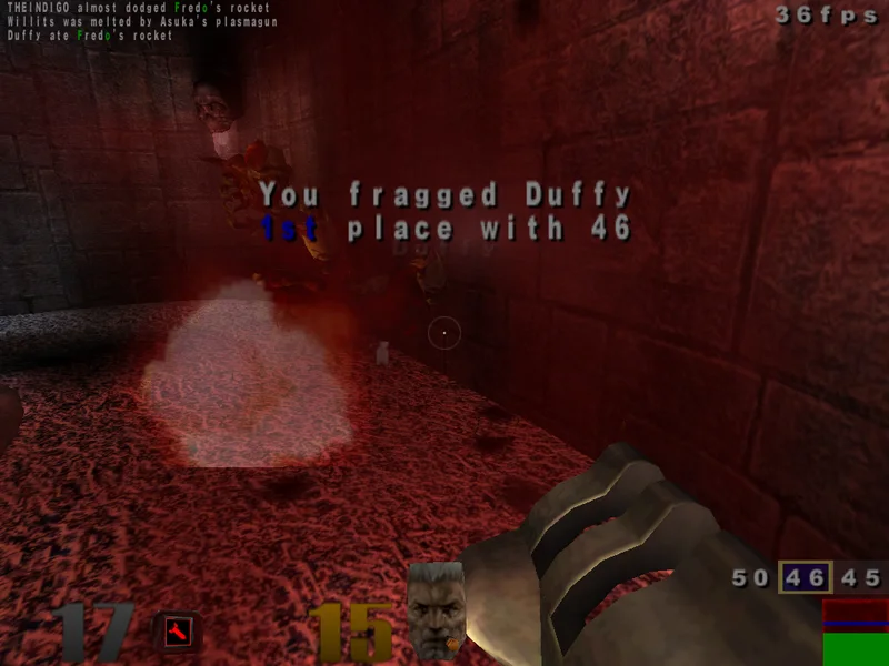 Quake III on quicksilver, a 2001 PowerMac G4 with a Radeon 9000 — a plasma explosion mid-frag