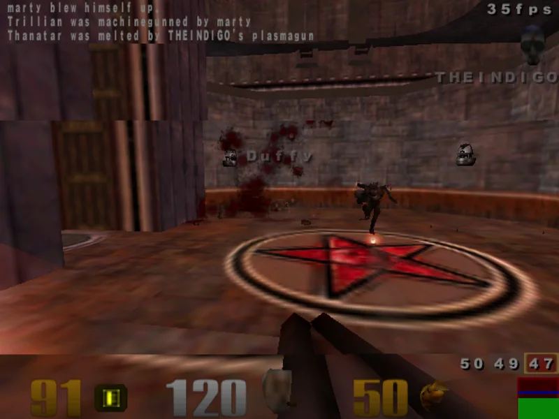 Quake III on yosemite, a 1999 PowerMac G3 with a 16 MB ATI Rage 128 — a red pentagram floor with an enemy across the room, running at 35 fps